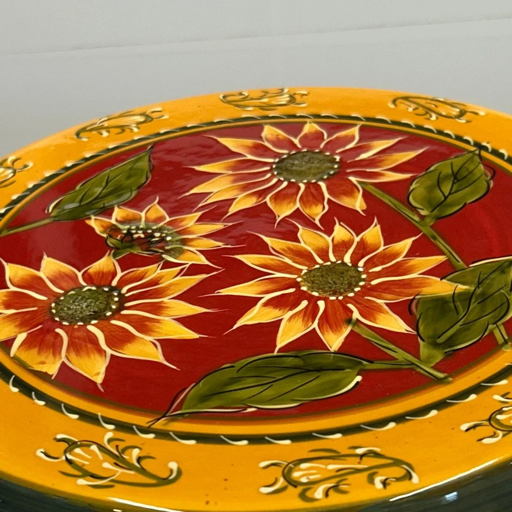 Pier 1 Imports Sunflower Hand Painted Terracotta Cake Stand Pedestal Server